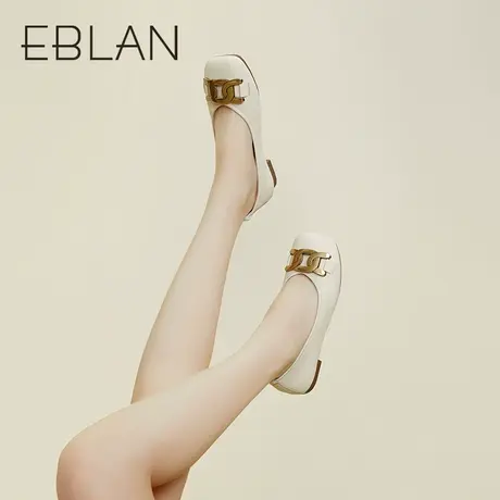 EBLAN伊伴春季圆头复古气质女鞋通勤平底鞋休闲金属扣饰浅口单鞋商品大图