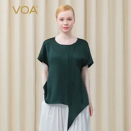 VOA真丝40姆米重磅圆领连肩短袖不对称拼接褶皱设计熟女桑蚕丝T恤图片