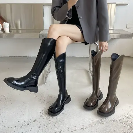 V口长筒靴女2023春秋新款小个子瘦瘦高筒骑士靴后拉链厚底马丁靴商品大图