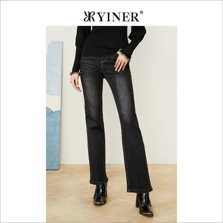 *Goodland美地女装秋季重工烫钻修身微喇牛仔裤商品大图