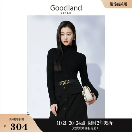 Goodland美地女装冬季百搭时尚修身高领羊毛针织衫套头闪丝上衣商品大图