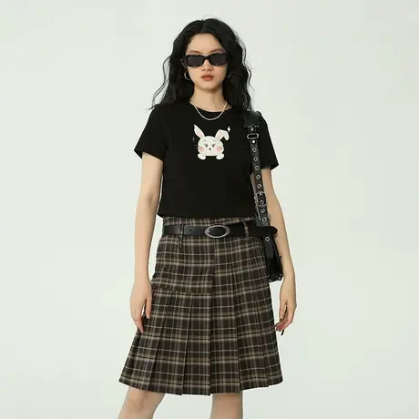 omont蛋挞家 兔子印花正肩T恤女春季年新款复古短款短袖上衣商品大图