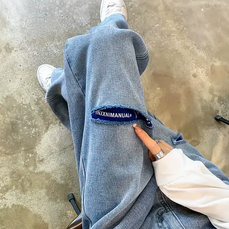 破洞高腰直筒牛仔裤女2025年新款春秋季宽松阔腿裤子女高街潮ins商品大图