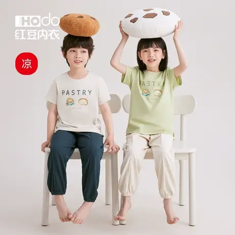 红豆儿童睡衣棉质夏季薄款短袖学生宽松居家长裤男女童家居服套装商品大图