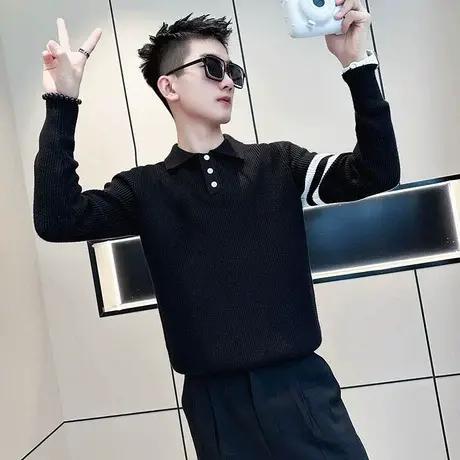 轻熟风长袖POLO衫毛衣秋冬季休闲简约ins条纹翻领潮牌针织衫上衣商品大图