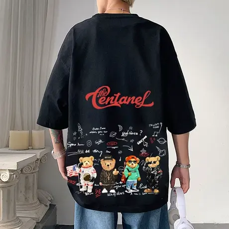 美式小熊短袖t恤男潮牌个性印花体恤男夏季宽松百搭纯棉休闲半袖商品大图