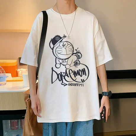 夏季多啦A梦短袖t恤男港风白色宽松休闲ins潮牌卡通动漫半袖体恤t图片