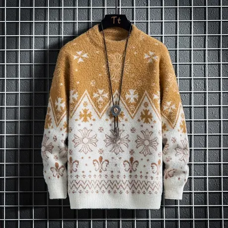 秋冬新款毛衣男圆领加厚休闲水貂绒针织打底衫提花个性羊绒衫潮帅商品大图