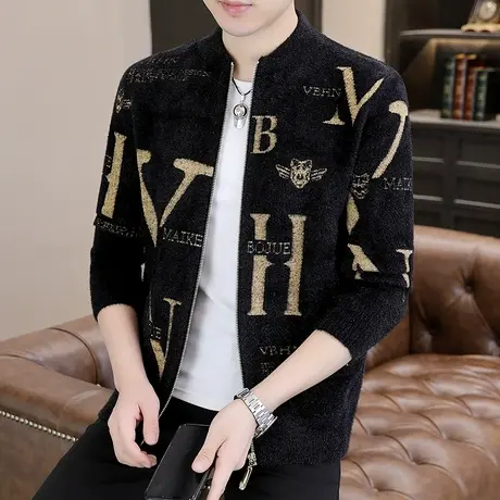 水貂绒毛衣男拉链开衫针织衫潮流秋冬季打底衫加厚保暖冬装上衣服商品大图