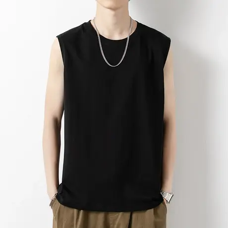 男士背心夏季纯棉宽松无袖t恤纯色黑色篮球健身运动坎肩男生汗衫商品大图