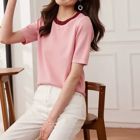 时尚气质短袖针织衫2023年夏季新款淑女温柔休闲圆领宽松显瘦上衣图片