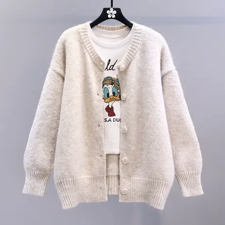 韩系复古慵懒风毛衣外套女秋冬2023新款宽松百搭中长款针织开衫商品大图