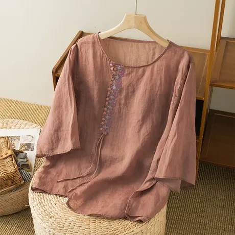 享永子七分袖刺绣苎麻薄上衣设计感小众文艺复古棉麻小衫2023新款商品大图