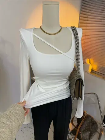 质感NICE！性感纯欲大方领挂绳修身长袖T恤女春秋高级气质打底衫商品大图