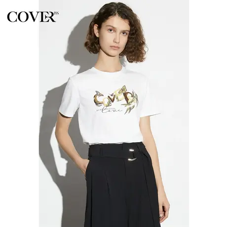 COVER春季重工烫钻钉珠印花白色T恤图片