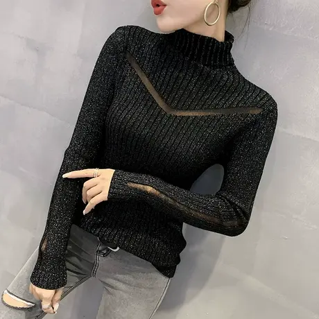 网纱拼接针织打底衫女秋冬性感镂空洋气上衣紧身内搭高领毛衣女潮商品大图