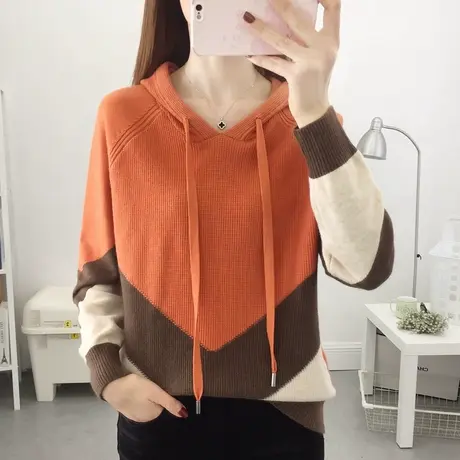 连帽拼色针织毛衣女2023年秋季卫衣宽松卫衣外穿洋气百搭帽子衫女商品大图