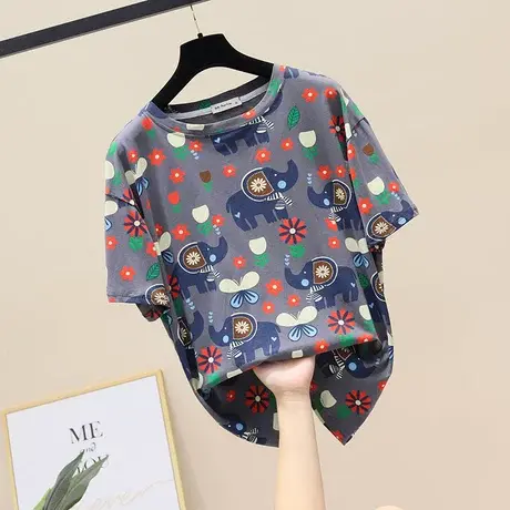 夏季新款时尚印花短袖t恤衫大象印花爆款圆领小众T恤上衣半袖女装商品大图