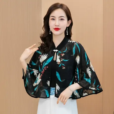 披风女夏短款古风外套中国风雪纺防晒衣复古外出披肩斗篷烧花罩衫商品大图