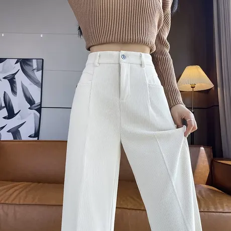 灯芯绒窄版阔腿裤女秋冬2023年新款小个子高腰宽松直筒休闲西装裤图片