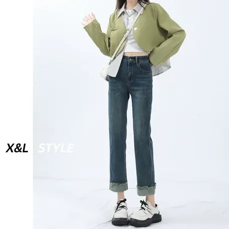 卷边直筒牛仔裤女春秋2023新款美式弹力修身高腰显瘦法棍烟管裤子图片