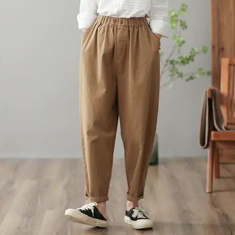 dza 高腰显瘦纯棉休闲裤女2023春夏新款直筒哈伦裤百搭萝卜裤长裤图片