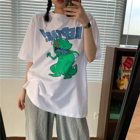 白色纯棉短袖t恤ins潮原宿港风女装打底衫2024年春季新款内搭上衣商品大图