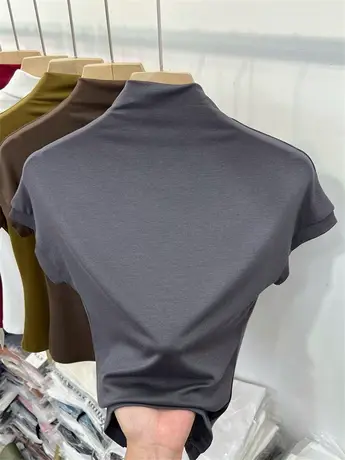 小飞袖半高领T恤弹力螺纹上衣女无袖2023秋季新款体恤软糯打底衫商品大图