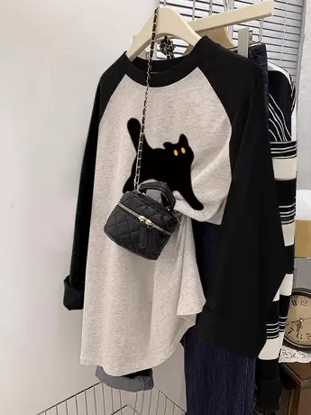 复古插肩袖大码胖mm显瘦长袖T恤女秋季薄款ins潮设计感打底衫上衣商品大图