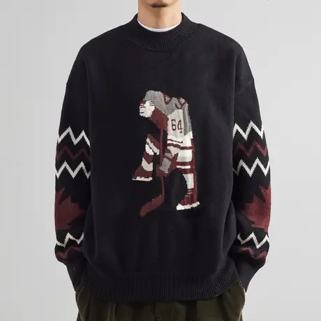 奕飏撞色条纹圆领毛衣男2022冬季新款加厚针织衫潮流毛衫打底上衣商品大图