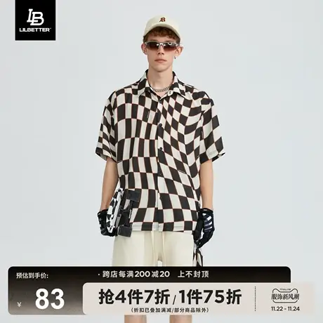 Lilbetter棋盘格短袖衬衫男设计感衬衣潮牌夏季上衣痞帅宽松寸衫商品大图