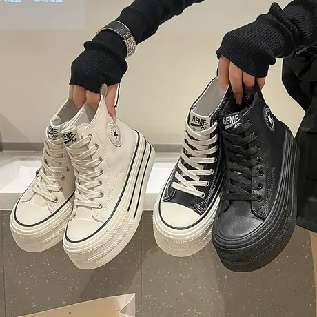 高帮帆布鞋女2023夏季新款厚底增高白色超火爆款透气休闲小白鞋子商品大图