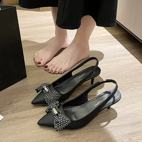 法式水钻蝴蝶结高跟鞋女2023年新款细跟黑色单鞋尖头后空包头凉鞋图片