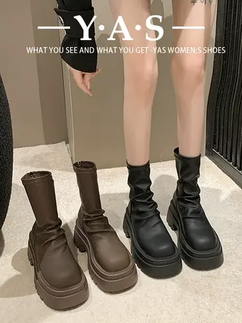 时尚粗跟短靴女士2023新款秋冬季加绒气质百搭显瘦小个子瘦瘦靴图片