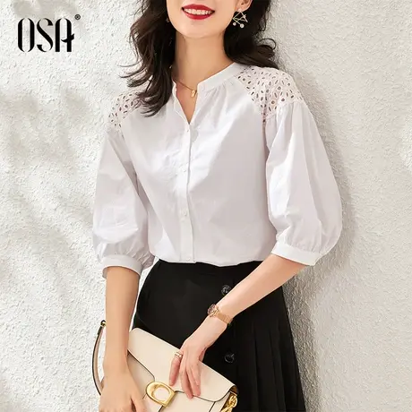 OSA欧莎宽松纯棉设计感白色衬衫女士衬衣短袖上衣夏季2022年新款商品大图