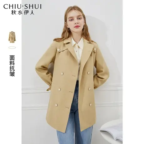 秋水伊人2022春秋新款女装时尚西装领纯色抗皱风衣女中长款小个子图片