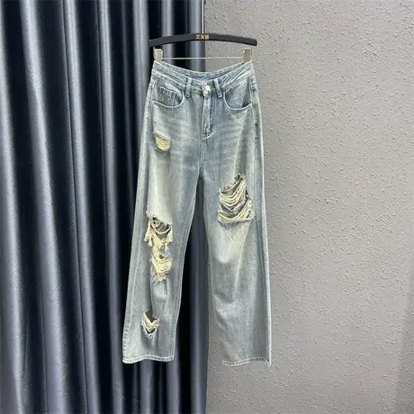 辣妹破洞牛仔乞丐裤女2024春季新款高腰宽松显瘦阔腿裤直筒拖地裤图片