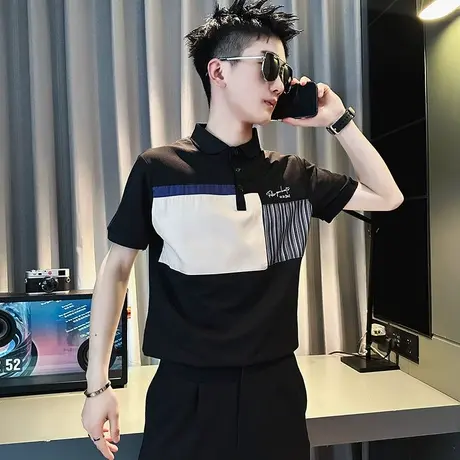 2023夏季时尚休闲拼接条纹翻领短袖T恤个性百搭ins男POLO衫半截袖商品大图