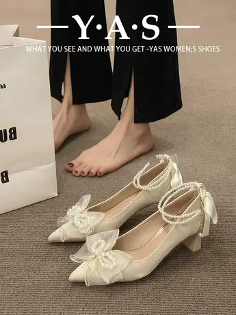 网纱蝴蝶结新娘鞋女2024新款法式绸缎粗跟高跟单鞋伴娘鞋不累脚女商品大图