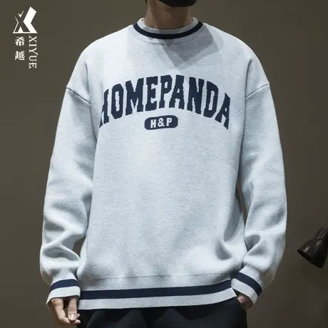 希越12针美式圆领毛衣男秋冬季新款休闲长袖T恤宽松大码男士卫衣商品大图