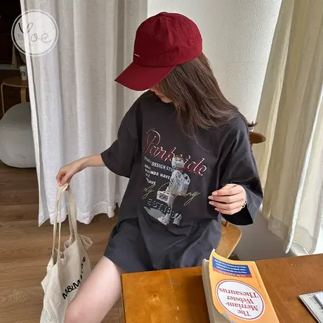 yoe23潮牌深灰色美式复古上衣黑色小众女装oversize纯棉短袖t恤女商品大图