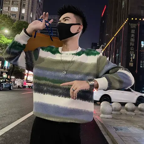 网红ins多巴胺拼色卫衣男秋季高级感彩色条纹上衣打底衫T恤体恤商品大图