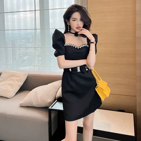 欧洲站重工方领高级感宴会晚礼服小个子洋气显瘦修身泡泡袖连衣裙商品大图