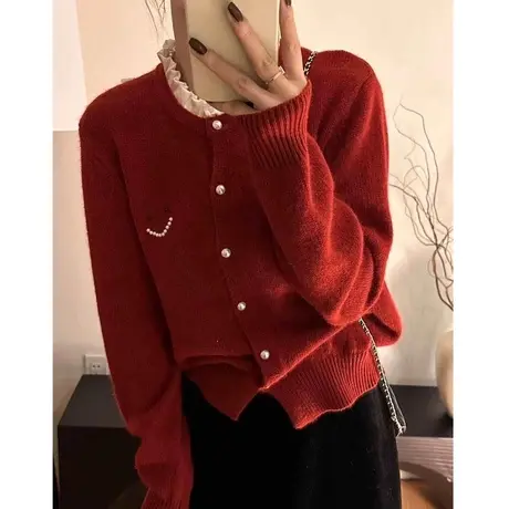 新年本命服红色毛衣打底衫女厚秋冬圆领内搭小香风针织开衫女上衣图片