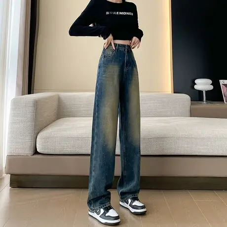 港味复古阔腿牛仔裤女春秋新款高腰直筒宽松显瘦做旧烫钻拖地裤子图片
