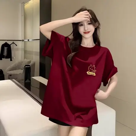 新款红色短袖T恤女春秋圆领半袖纯棉龙年本命年宽松衣服新年上衣商品大图
