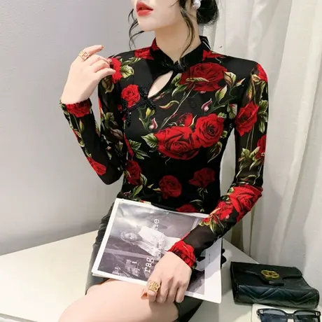 国风女装复古气质印花T恤长袖时尚设计感盘扣上衣修身网纱打底衫商品大图