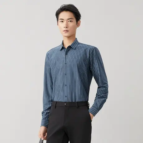 红豆长袖衬衫男士2024春季新品商务休闲条纹衬衣针织弹力衬衫上衣商品大图