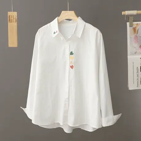 2024春秋新款宽松爱心刺绣白色衬衫女纯棉长袖衬衣百搭上衣打底衫图片