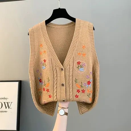 森系复古刺绣花朵针织马甲女2024春装宽松设计感小众开衫叠穿马夹商品大图